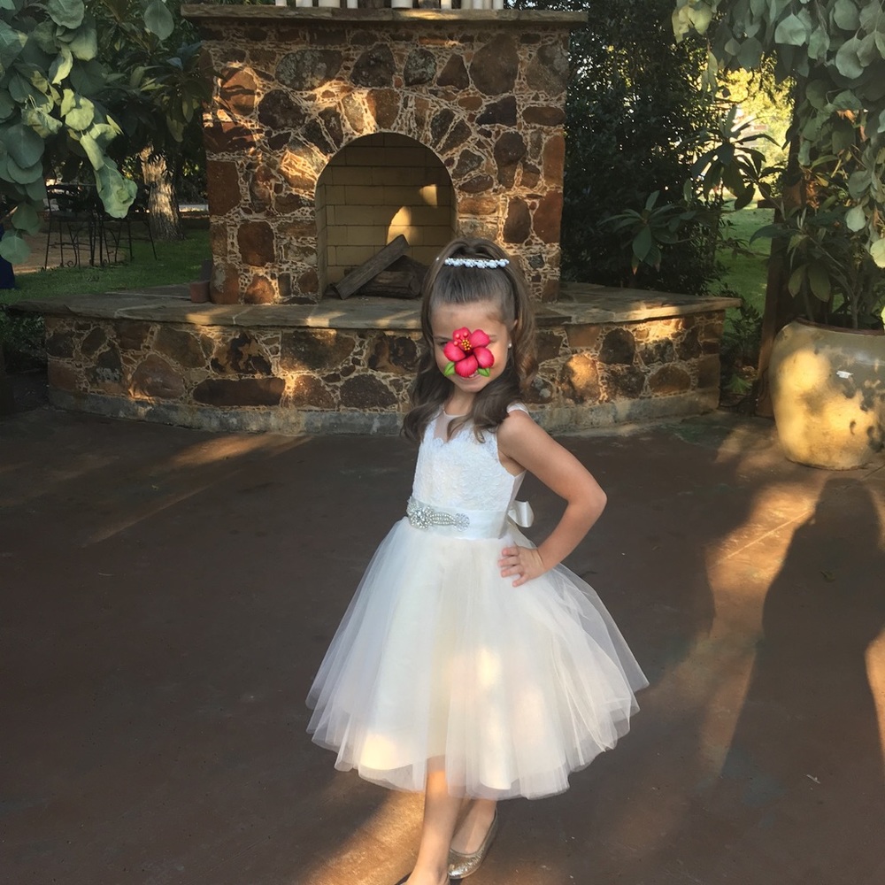 Custom Ivory flower girl dress with beaded sash, built in petticoat. Size 6/7